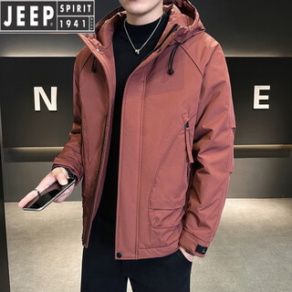 Jeep spirit american workwear jacket men's 2025 autumn and winter new retro cotton clothes hooded padded jacket cotton clothes thick dark red 2xl