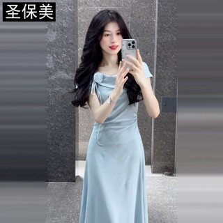 St. paul's blue short-sleeved dress for women summer 2025 new temperament hepburn style dress slim waist long skirt high-end blue (high quality version) s size