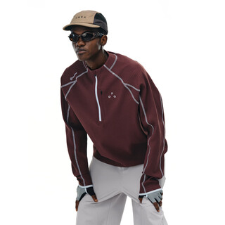 Fpa half-zip quick-drying sports t-shirt for men, spring and autumn trendy half-turtle collar, loose couple wear, contrasting topstitch long sleeves, coffee color l