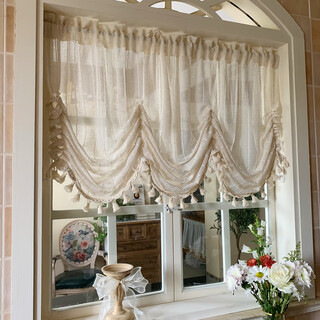 Wen yijia american-style nordic gauze curtains, roman curtains, pull-up curtains, lift curtains, no-punch velcro partition curtains, american-style rod), vertical strips of linen yarn and exquisite cotton tassels, height 100*width 100 cm per piece (flat size
