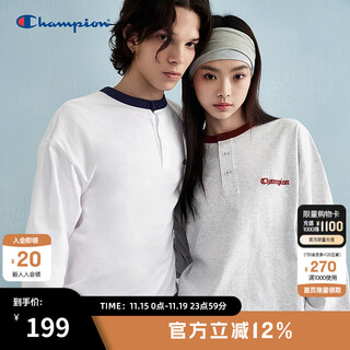 Champion champion long-sleeved t-shirt men's 2025 spring new color-blocked henry collar bottoming shirt pure cotton top women's twist gray l
