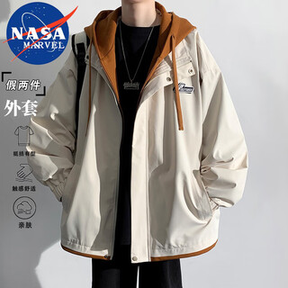 Nasa marvel jacket men's spring and autumn jacket trend hooded fake two-piece casual fashion loose men's and women's khaki xl