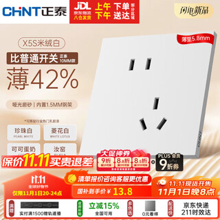 正泰（CHNT）开关插座 X5S超薄开关 哑光磨砂 10A斜五孔插座面板米绒白