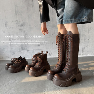 Kangnai small platform thick-soled lace-up retro color retro knight boots for women 2025 autumn and winter new leather martin boots brown single shoes 34