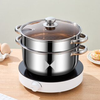 Enshousu thickened stainless steel soup steamer multi-layer steaming large capacity universal double-layer steamer steel handle steel handle + steaming grid double layer 26cm