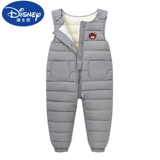 迪士尼（DISNEY）儿童羽绒棉背带裤婴幼儿宝宝加厚棉裤男女童外穿开档连体加绒开裆 灰色 小熊 90  【2-3岁】