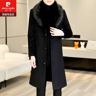 Pierre cardin autumn and winter men's extended length knee-length woolen coat jacket trendy business men's thickened fur collar woolen windbreaker black xl