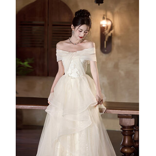 Acjk high-end evening dress 2025 new one-shoulder light luxury niche host beautiful adult ceremony art test champagne color 2xl