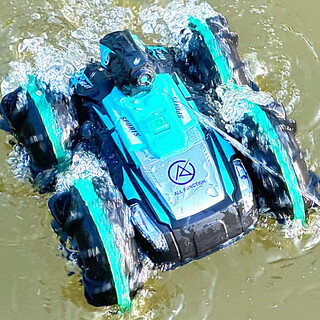 秘浓防水遥控车可喷水自动吸水水陆两栖遥控坦克儿童节礼物男孩玩具 【琉璃蓝】水陆两栖运载车 标配套餐：单电池+