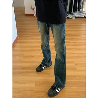 灿图美式复古做旧牛仔裤男秋季修身窄版显瘦潮流高街直筒弯刀微喇裤子 深蓝色 XL