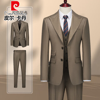 Pierre cardin high-end wool suit suit men's business casual no-iron formal fit wedding dress suit three-piece brown three-piece vest + suit + trousers m 110jin jin equals 0.5 kg within