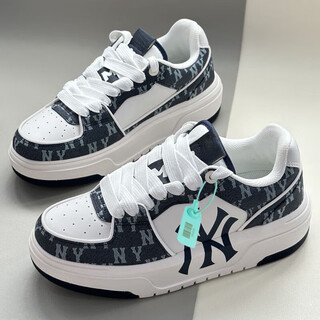 Mlb&ny trendy brand ml korean yankees white and blue seniors magic thick-soled ny heightening men and women couples retro casual sports skateboard shoes old flower bailan new product online high quality seconds delivery 40