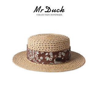 Mr duck hollow french flat top hat madagascar natural raffia hat handmade breathable vacation hat materia medica/paisley brown (imported raffia)-ms563109 m (55-57cm)