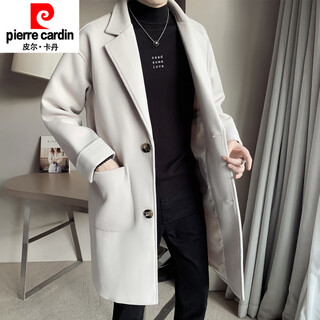 Pierre cardin off-white woolen trench coat men's mid-length thickened korean style loose and handsome autumn and winter woolen coat trendy off-white 4xl