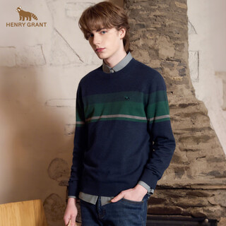 Henry grant henry grant men's shirt round neck standard knitted pullover thick regular stripe contrast color autumn and winter navy (qby243040u111) one size 46 (170/92a)
