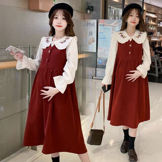 Maternity dress spring and autumn new design sense maternity wear loose doll collar shirt + vest sweet age-reducing trend red two-piece set l