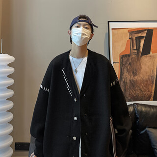 Kazuki kuraishi kazuki kuraishi trendy cardigan sweater men's autumn new loose fashion sweater v-neck sweater jacket trendy japanese style black xl