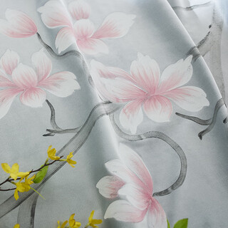 Wen yijia's new chinese style curtains, creative hand-painted magnolia flocking cloth, living room and bedroom, high-end zen chinese style window screen, gray blue, hand-painted velvet cloth - pink flowers, it takes a few meters to take a few pieces (free processing)