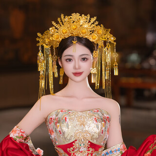 Chishe chinese style bride wedding xiuhe dress hanfu dragon and phoenix gown hair accessories luxury golden long tassel phoenix crown accessories phoenix crown + earrings mf2513