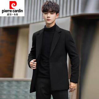 皮尔卡丹（pierre cardin）秋冬加厚款毛呢子外套感男士短款韩系时尚大衣男生中长款风衣简单 黑色 M 80-110斤
