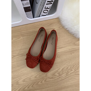 
S.SOFEA red French bow flat sole single shoes for women's summer soft sole ballet shoes J683-11 Suede flat sole is smaller in size red 35