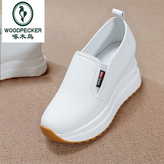 Woodpecker inner height increasing white shoes 10cm genuine leather 2025 summer breathable hollow one-foot-showing wedge sandals for small women white single shoes spring and autumn wear 35 if you have fleshy insteps, please take a larger size