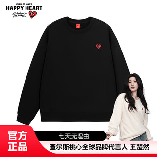 Charles heart white deer & wang churan same style pure cotton embroidered round neck sweatshirt men and women couple basement shirt black xl