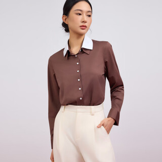 DEGRE ZERO衬衫女免烫弹力通勤百搭高级时尚衬衣拼接领长衬枣咖色 枣咖色 S (155/80B)