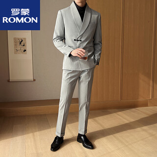 Romon chinese style retro buckle dinner suit men's new chinese tunic green fruit collar suit two-piece groom's dress gray suit + trousers m recommended - 120 jin jin equals 0.5 kg