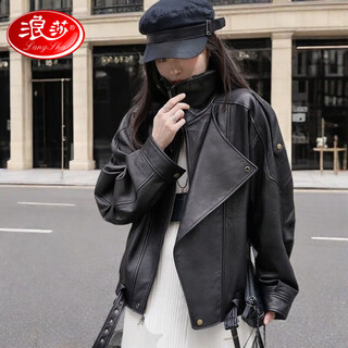 Langsha haining leather jacket women's 2025 autumn and winter new retro versatile motorcycle feel pu leather jacket women black lining-extended version-gold zipper plus velvet l 101-110jin jin is equal to 0.5 kg