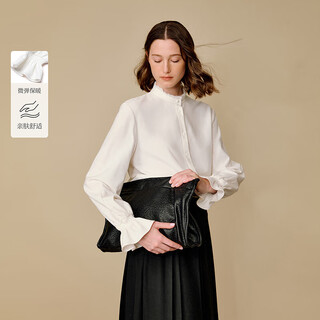 Inman sweet lace stand collar furry shirt 2025 winter women's new simple bell sleeve shirt off-white m