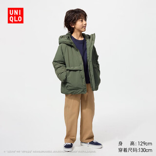Uniqlo children's clothing boys and girls down hooded jacket warm down jacket 25 autumn and winter new style 478147 56 olive 160
