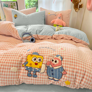 Su xuan autumn and winter apple dog towel embroidered milk velvet four-piece set thickened coral suede quilt cover three-piece bedding set spongebob squarepants 2.0m bed sheet style four-piece set - quilt cover 220x240cm