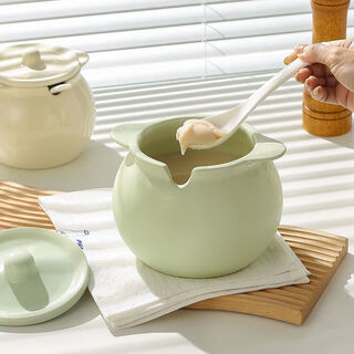 Qinkai ceramics high temperature resistant spicy jar kitchen household special oil storage tank lard jar with cover spicy jar seasoning jar 1380 degree high temperature firing will not explode - large size 1500ml creamy yellow + cover + spoon + filter