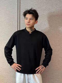 Yingtang deconstructed shoulder sweatshirt men's spring and autumn american henley collar polo shirt heavy loose jacket lhfs-cx8 black m