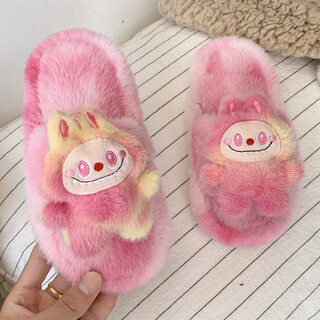 Skonwat new home furry slippers for girls 25 winter soft bottom labubu cartoon doll cotton flop pink size 26-27 inner length 18cm