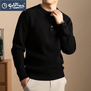 Goldlion g+ men's thickened three-button henry collar sweater 100% sheep wool winter round neck sweater ingot needle width black m 105 90-110jin jin equals 0.5 kg