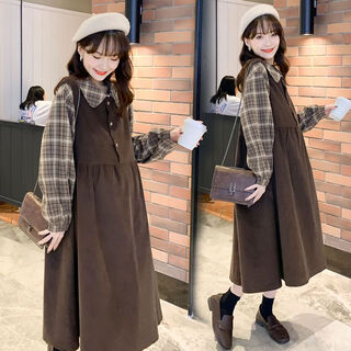 Maternity dress spring and autumn new plaid slimming fake two-piece dress loose maternity autumn skirt brown fake two-piece dress l (recommended 115-130 jin jin equals 0.5 kg)