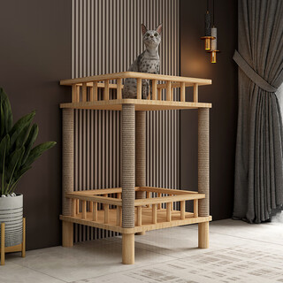 施尼鹿猫爬架猫窝实木剑麻绳磨爪四季通用猫别墅房子床头柜猫咪共用凳子 60.5cm 2层 凯特乐园A