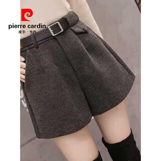 Pierre cardin woolen shorts women's autumn and winter outerwear high waist 2025 new korean style slim a-line bottoming wide-leg shorts with boots gray free belt 2xl