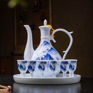 Fat donglai's same quality ceramic wine set made in jingdezhen, household blue and white porcelain chinese antique wine hand-painted landscape wine set (brocade box with tray)