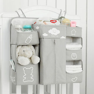Yusenyi crib storage bag hanging bag bedside diaper storage newborn bedside storage bag diaper bag multi-functional storage light gray upgraded to enlarge - adjustable hook