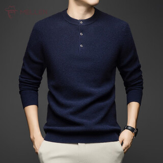 Mellen 100% pure cashmere sweater henry collar thickened sweater for men in winter round neck trendy casual warm knitted bottoming shirt navy blue s (165)