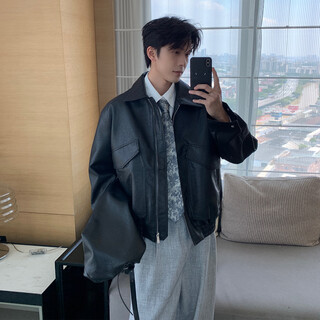 Hualun autumn litchi pattern leather jacket men's 2025 new fashion fashion casual handsome style pu leather jacket black m