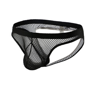 Men's sexy double thong mesh transparent low-waist hip lifting back empty slim sexy youth solid color underwear for men black l