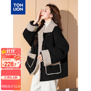 Tonlion 2024 women's corduroy stitched short jacket with turn-up collar black l