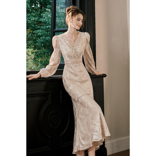 Gjfd sandalwood snow french long-sleeved dress engagement light luxury fishtail elegant dress skirt sandalwood snow s