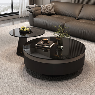 Yiyan round glass coffee table living room light luxury high-end small apartment italian simple high-end modern internet celebrity minimalist combination 70 single drawer pure black glass coffee table + side table