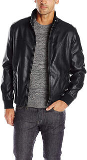 Tommy hilfiger men's faux leather bomber jacket ribbed knit collar black large