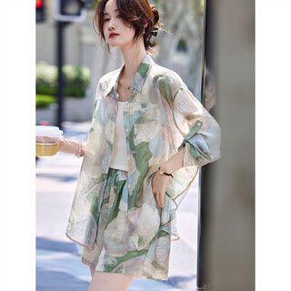 Awakening paradise summer style loose fashion button-down shirt casual temperament wide leg elastic waist shorts included linen two-piece set green s